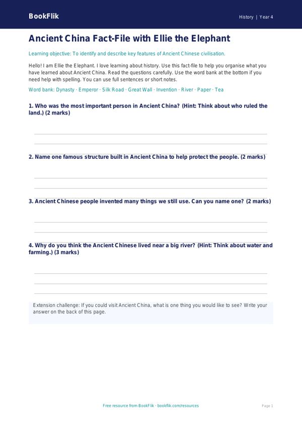 Free Ancient China Template | Year 4 Supported | BookFlik worksheet preview — History Ancient China