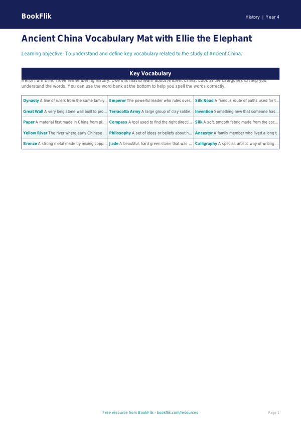 Free Ancient China Word Mat | Year 4 Supported | BookFlik worksheet preview — History Ancient China