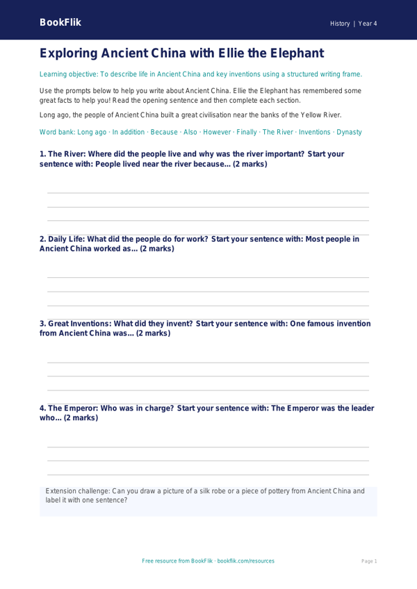 Free Ancient China Writing Frame | Year 4 Supported | BookFlik worksheet preview — History Ancient China