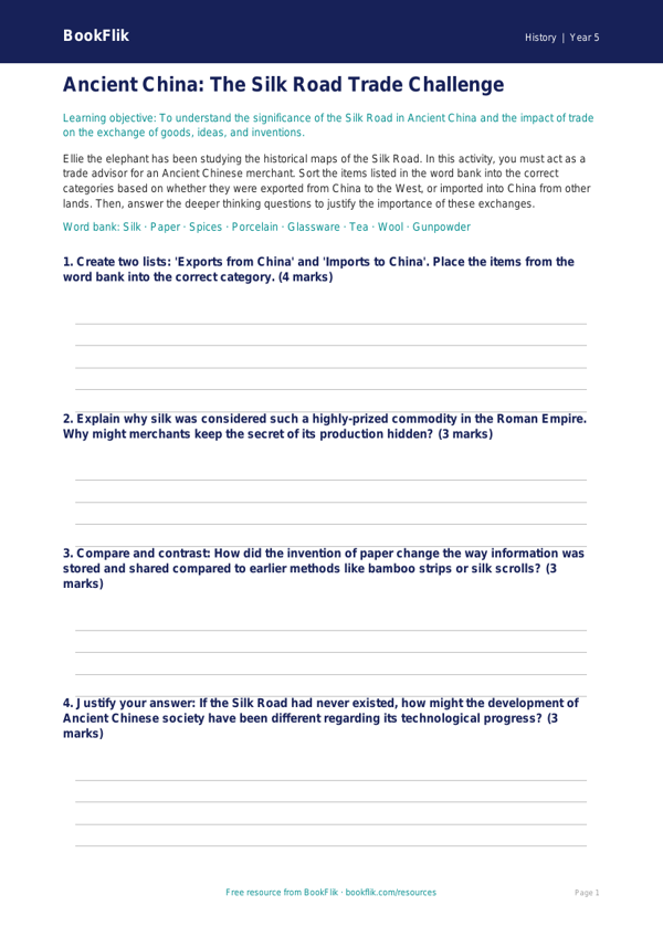 Free Ancient China Activity Sheet | Year 5 Greater Depth | BookFlik worksheet preview — History Ancient China