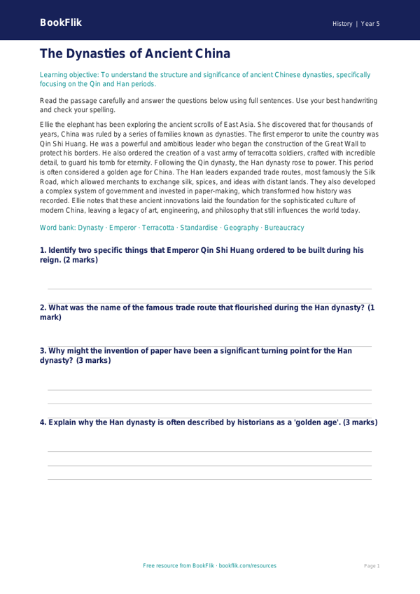 Free Ancient China Comprehension | Year 5 Greater Depth | BookFlik worksheet preview — History Ancient China