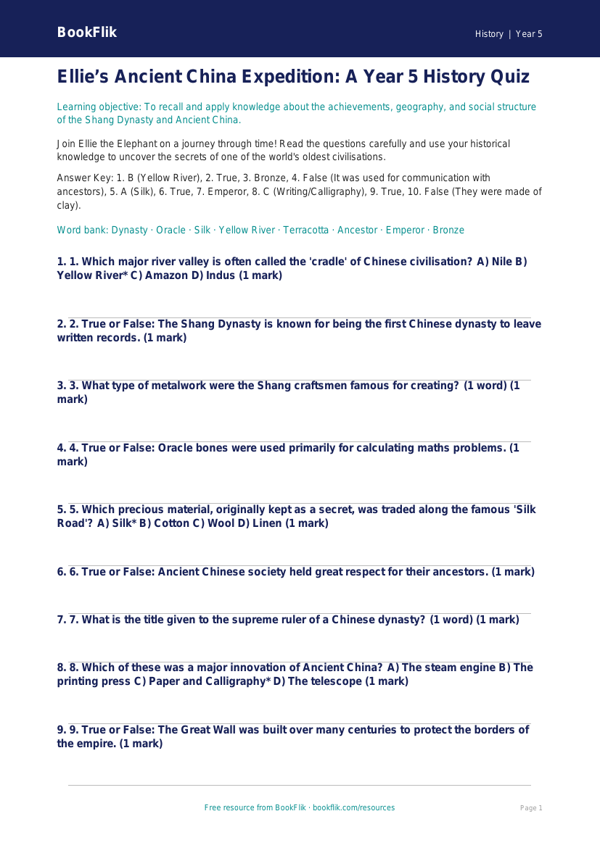 Free Ancient China Quiz | Year 5 Greater Depth | BookFlik worksheet preview — History Ancient China