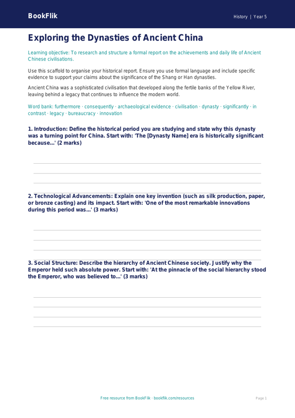 Free Ancient China Writing Frame | Year 5 Greater Depth | BookFlik worksheet preview — History Ancient China