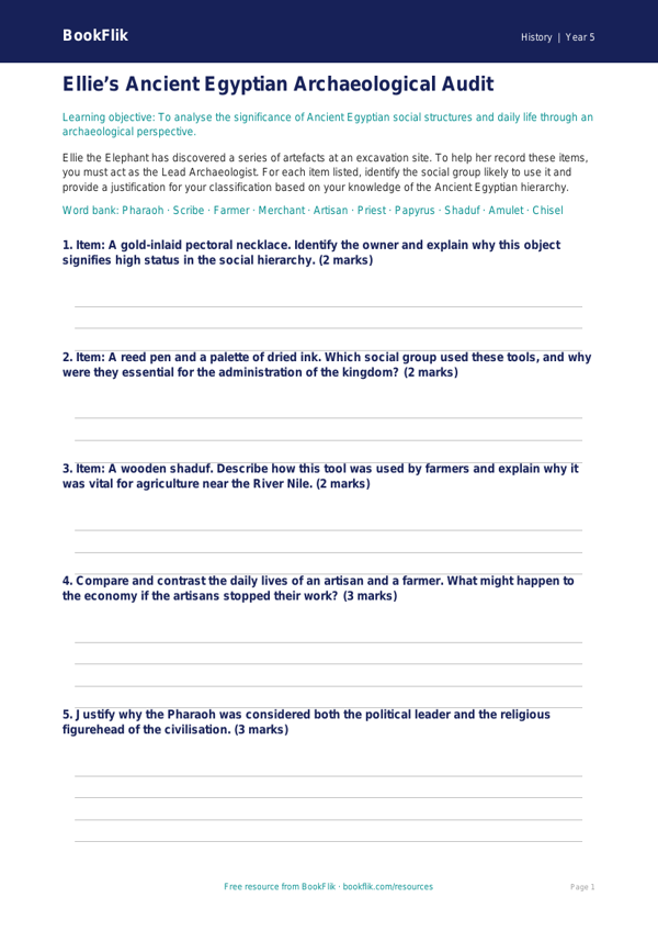 Free Ancient Egypt Activity Sheet | Year 5 Greater Depth | BookFlik worksheet preview — History Ancient Egypt