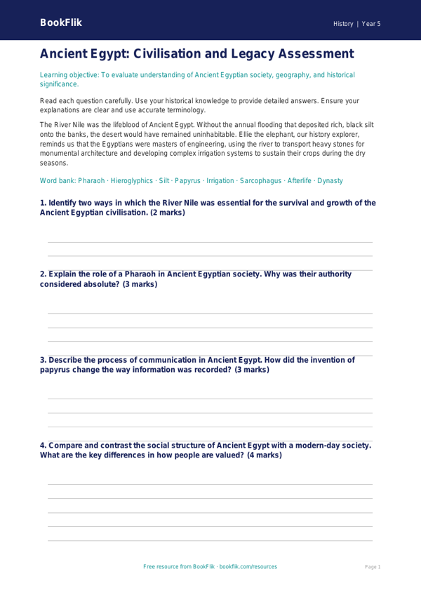 Free Ancient Egypt Assessment | Year 5 Greater Depth | BookFlik worksheet preview — History Ancient Egypt