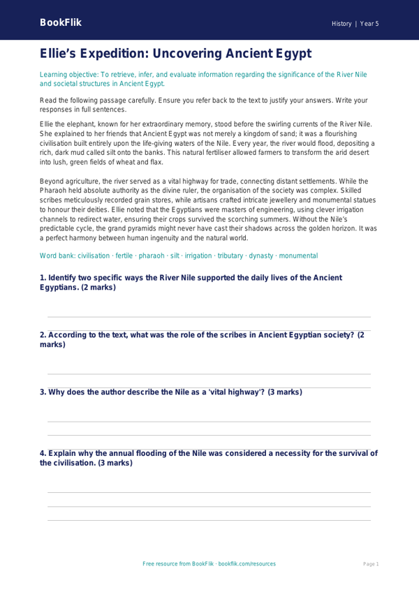 Free Ancient Egypt Comprehension | Year 5 Greater Depth | BookFlik worksheet preview — History Ancient Egypt