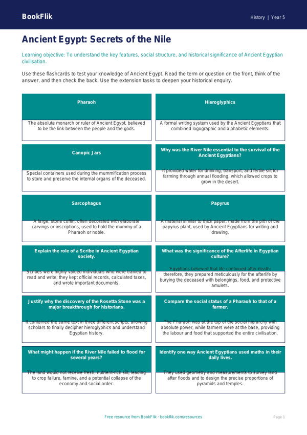 Free Ancient Egypt Flashcards | Year 5 Greater Depth | BookFlik worksheet preview — History Ancient Egypt