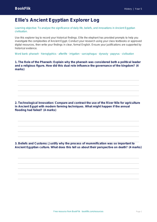 Free Ancient Egypt Template | Year 5 Greater Depth | BookFlik worksheet preview — History Ancient Egypt