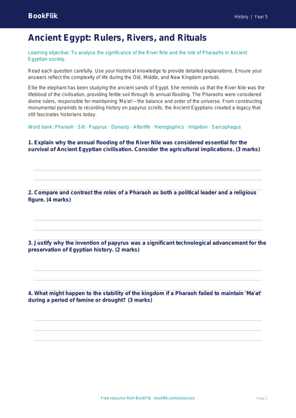 Free Ancient Egypt Worksheet | Year 5 Greater Depth | BookFlik worksheet preview — History Ancient Egypt