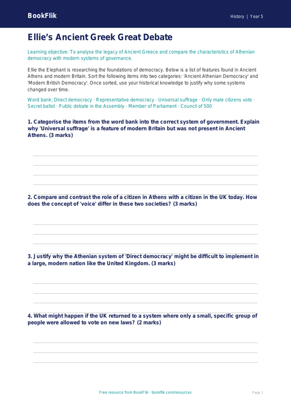 Free Ancient Greece Activity Sheet | Year 5 Greater Depth | BookFlik worksheet preview — History Ancient Greece