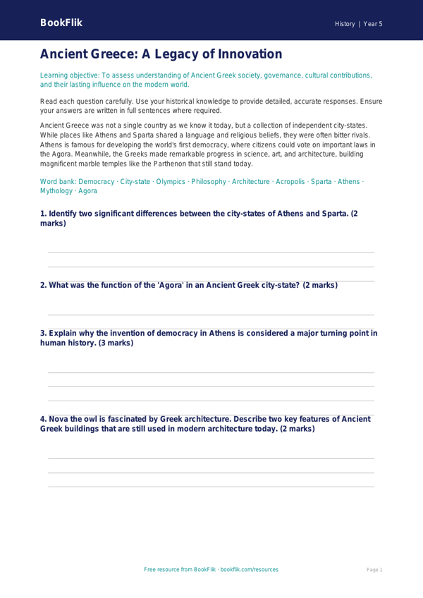 Free Ancient Greece Assessment | Year 5 Greater Depth | BookFlik worksheet preview — History Ancient Greece