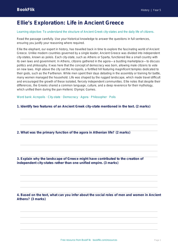 Free Ancient Greece Comprehension | Year 5 Greater Depth | BookFlik worksheet preview — History Ancient Greece