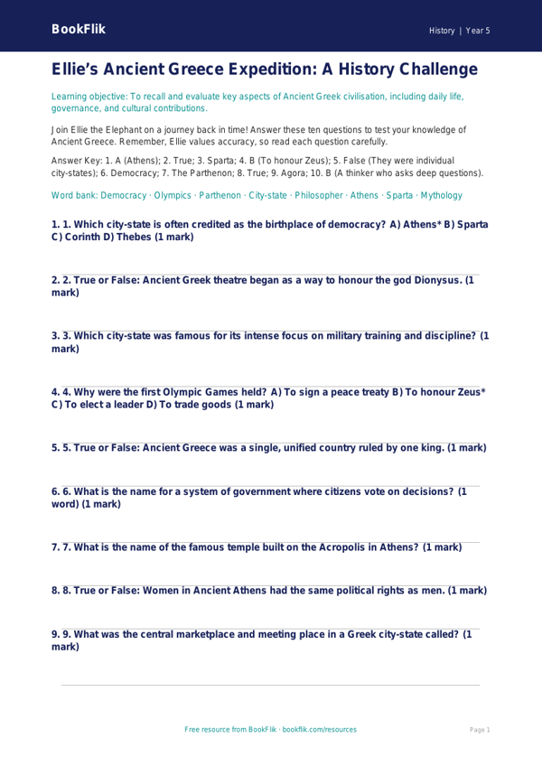 Free Ancient Greece Quiz | Year 5 Greater Depth | BookFlik worksheet preview — History Ancient Greece