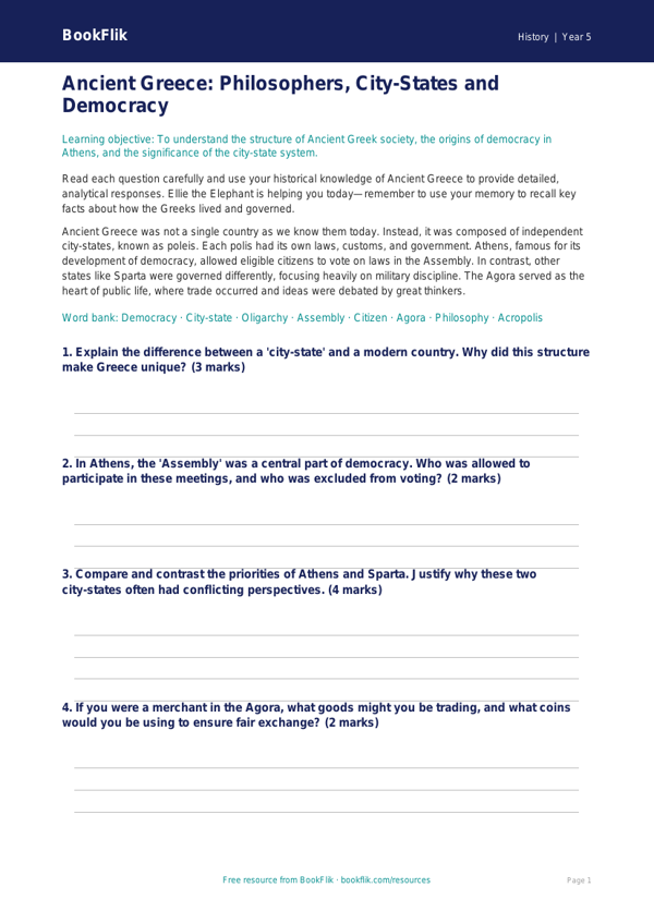 Free Ancient Greece Worksheet | Year 5 Greater Depth | BookFlik worksheet preview — History Ancient Greece
