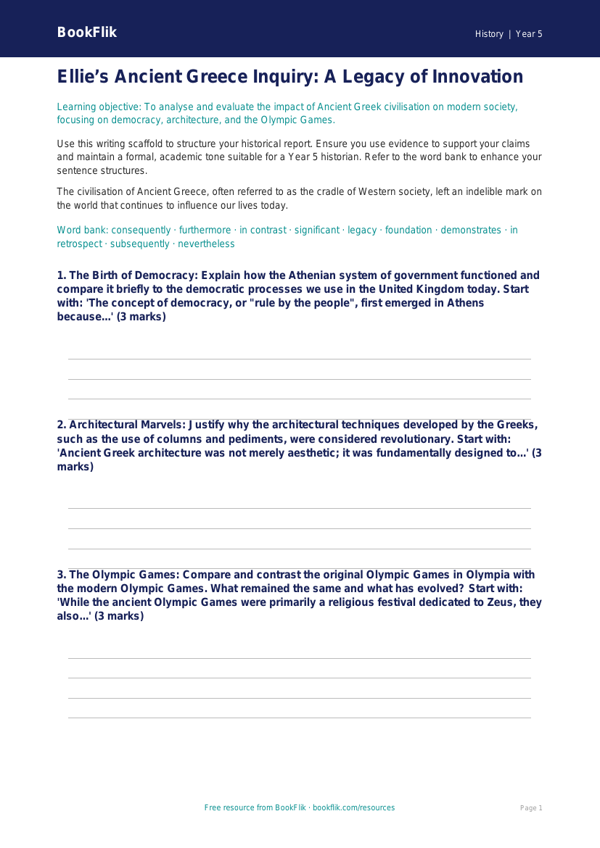 Free Ancient Greece Writing Frame | Year 5 Greater Depth | BookFlik worksheet preview — History Ancient Greece