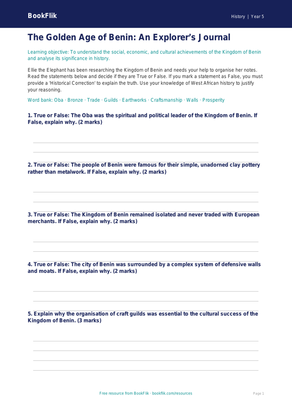 Free Benin Kingdom Activity Sheet | Year 5 Greater Depth | BookFlik worksheet preview — History Benin Kingdom