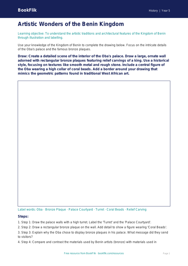 Free Benin Kingdom Drawing Sheet | Year 5 Greater Depth | BookFlik worksheet preview — History Benin Kingdom