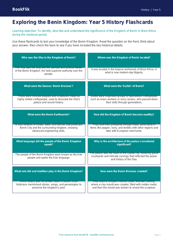 Free Benin Kingdom Flashcards | Year 5 Greater Depth | BookFlik worksheet preview — History Benin Kingdom