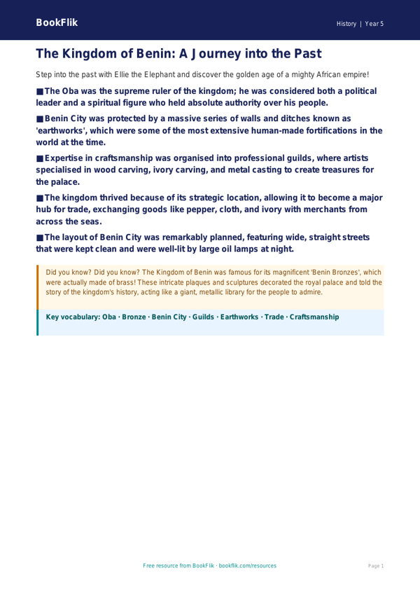 Free Benin Kingdom Poster | Year 5 Greater Depth | BookFlik worksheet preview — History Benin Kingdom