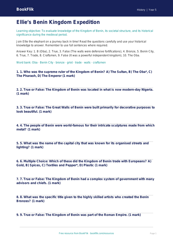 Free Benin Kingdom Quiz | Year 5 Greater Depth | BookFlik worksheet preview — History Benin Kingdom