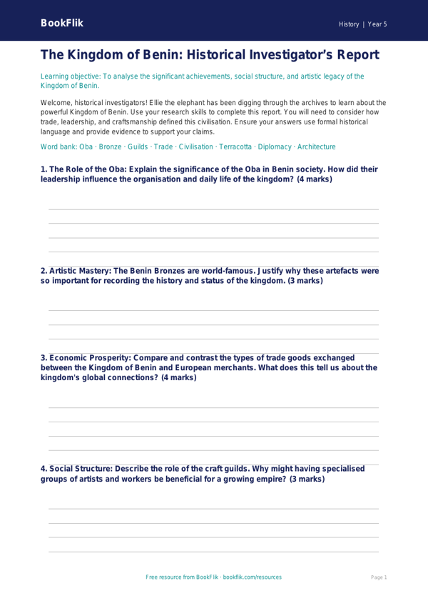 Free Benin Kingdom Template | Year 5 Greater Depth | BookFlik worksheet preview — History Benin Kingdom