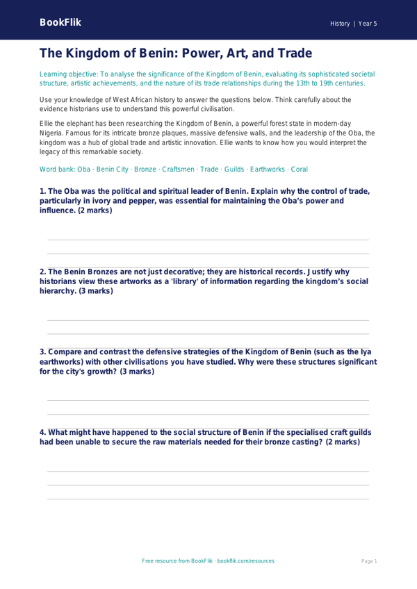 Free Benin Kingdom Worksheet | Year 5 Greater Depth | BookFlik worksheet preview — History Benin Kingdom