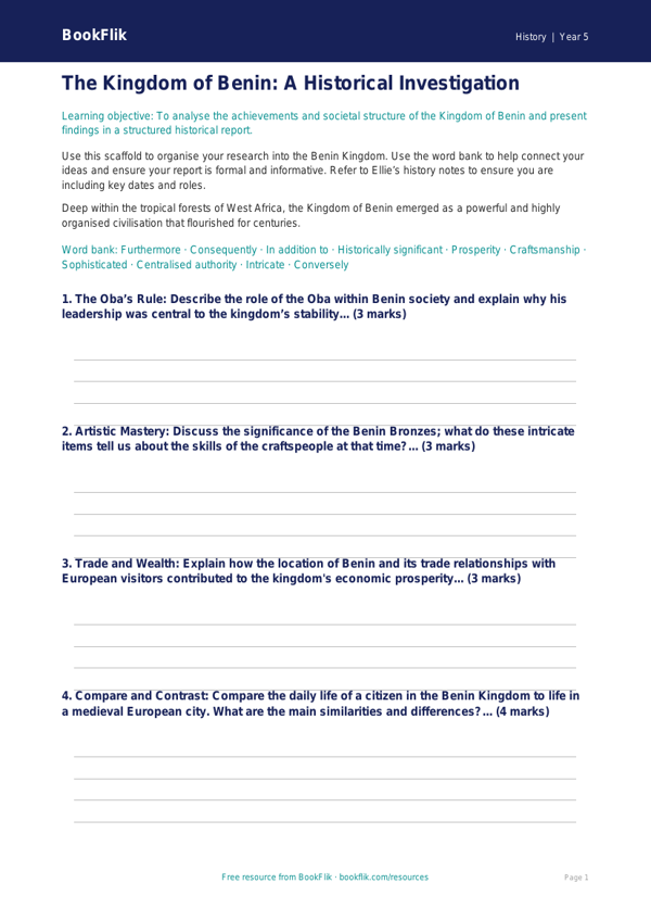 Free Benin Kingdom Writing Frame | Year 5 Greater Depth | BookFlik worksheet preview — History Benin Kingdom