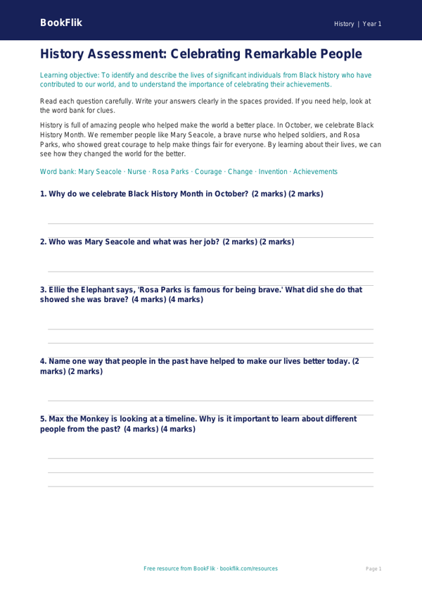 Free Black History Month Assessment | Year 1 Core | BookFlik worksheet preview — History Black History Month