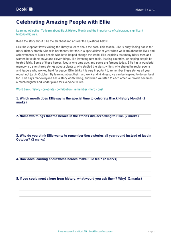 Free Black History Month Comprehension | Year 1 Core | BookFlik worksheet preview — History Black History Month