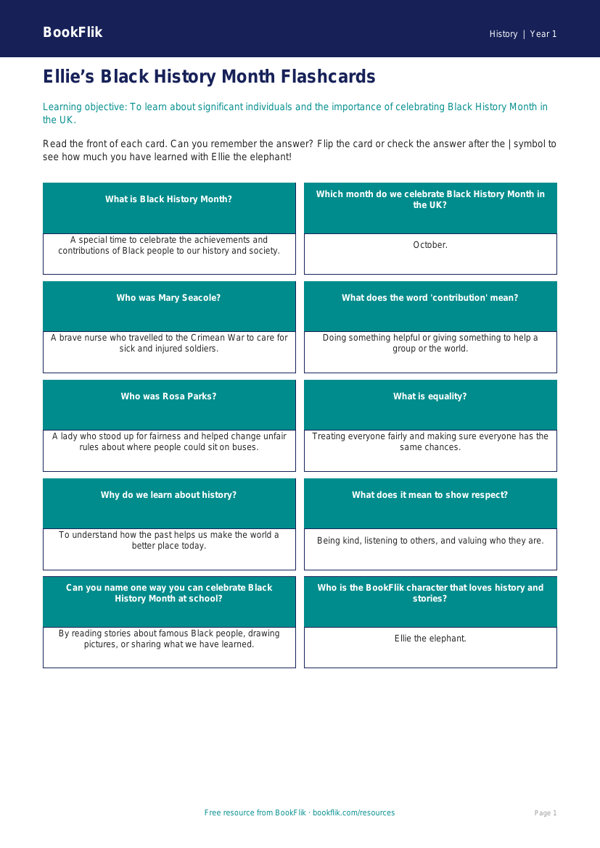 Free Black History Month Flashcards | Year 1 Core | BookFlik worksheet preview — History Black History Month