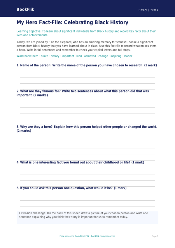 Free Black History Month Template | Year 1 Core | BookFlik worksheet preview — History Black History Month