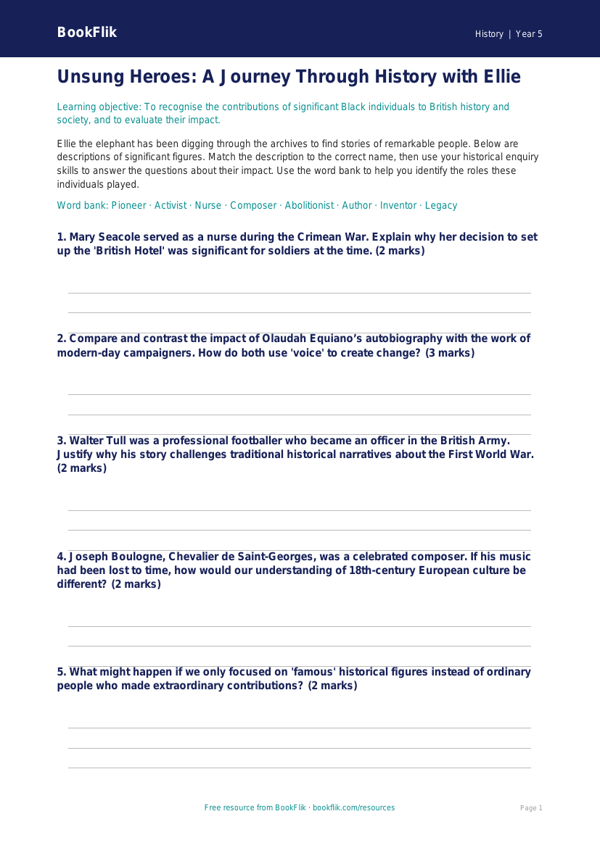 Free Black History Month Activity Sheet | Year 5 Greater Depth | BookFlik worksheet preview — History Black History Month