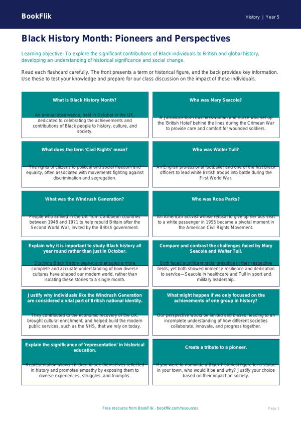 Free Black History Month Flashcards | Year 5 Greater Depth | BookFlik worksheet preview — History Black History Month