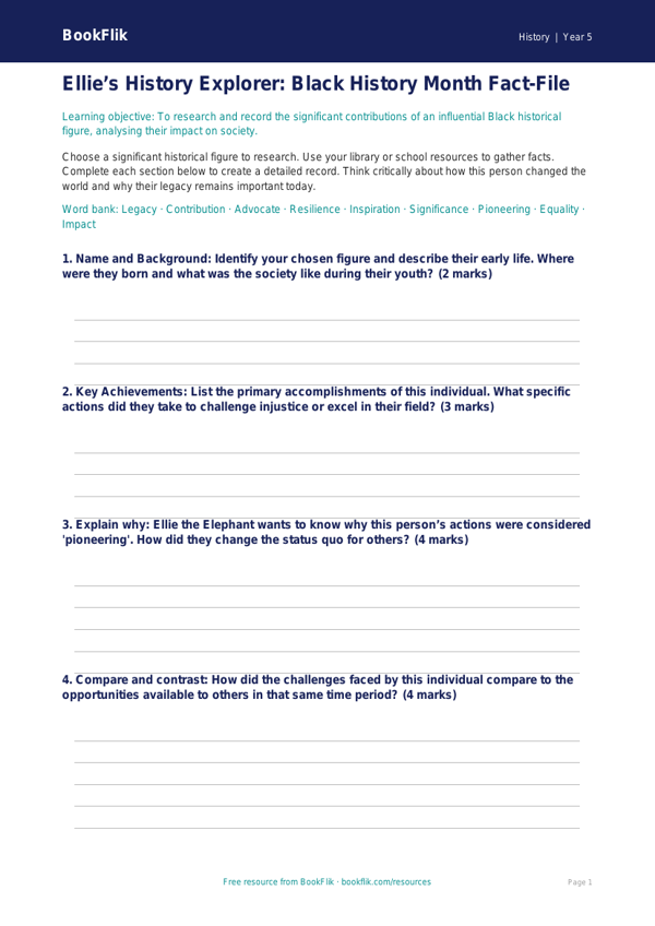 Free Black History Month Template | Year 5 Greater Depth | BookFlik worksheet preview — History Black History Month
