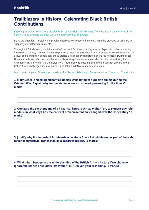 Free Black History Month Worksheet | Year 5 Greater Depth | BookFlik worksheet preview — History Black History Month