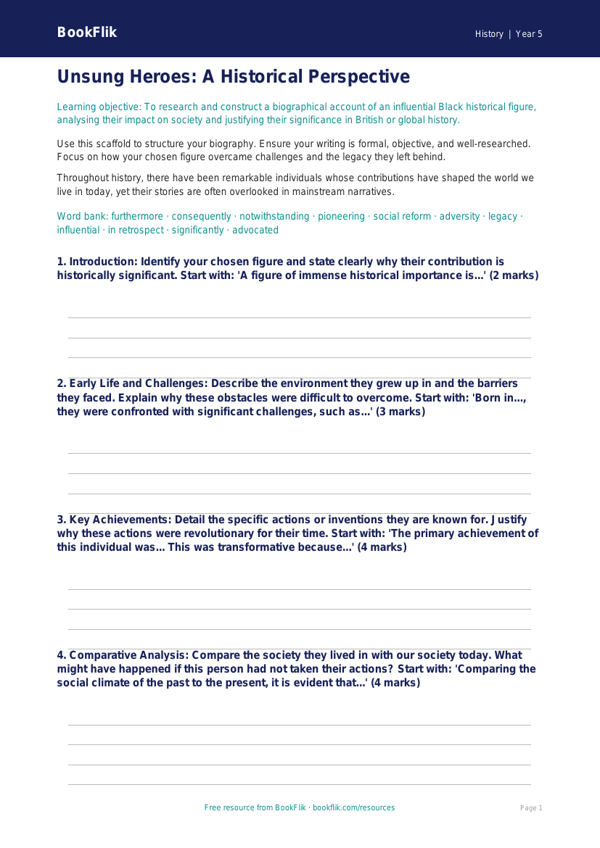 Free Black History Month Writing Frame | Year 5 Greater Depth | BookFlik worksheet preview — History Black History Month