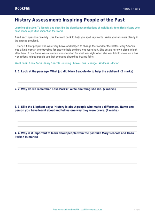 Free Black History Assessment | Year 1 Core | BookFlik worksheet preview — History Black History