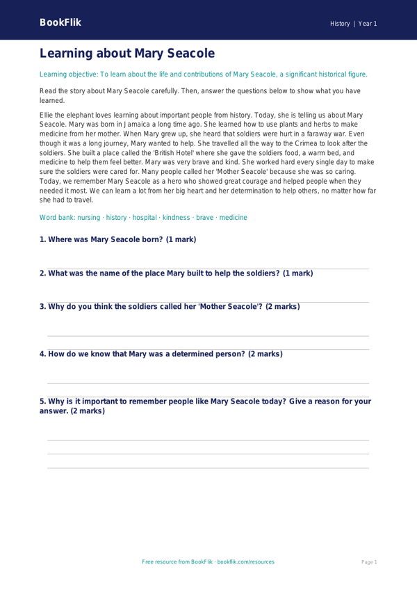 Free Black History Comprehension | Year 1 Core | BookFlik worksheet preview — History Black History