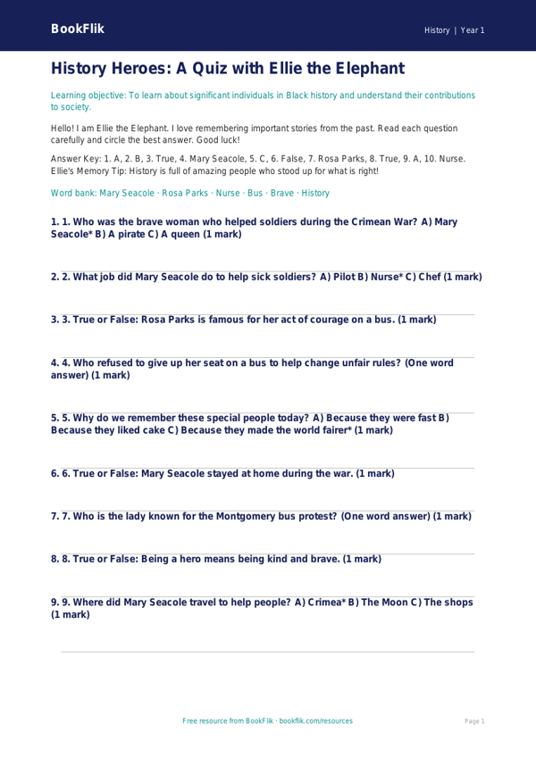 Free Black History Quiz | Year 1 Core | BookFlik worksheet preview — History Black History