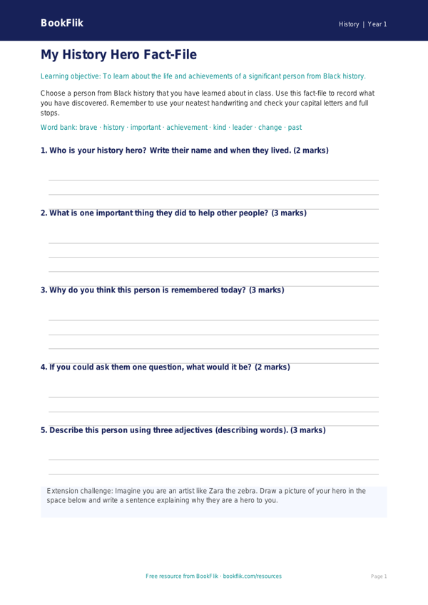 Free Black History Template | Year 1 Core | BookFlik worksheet preview — History Black History