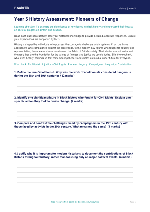 Free Black History Assessment | Year 5 Greater Depth | BookFlik worksheet preview — History Black History