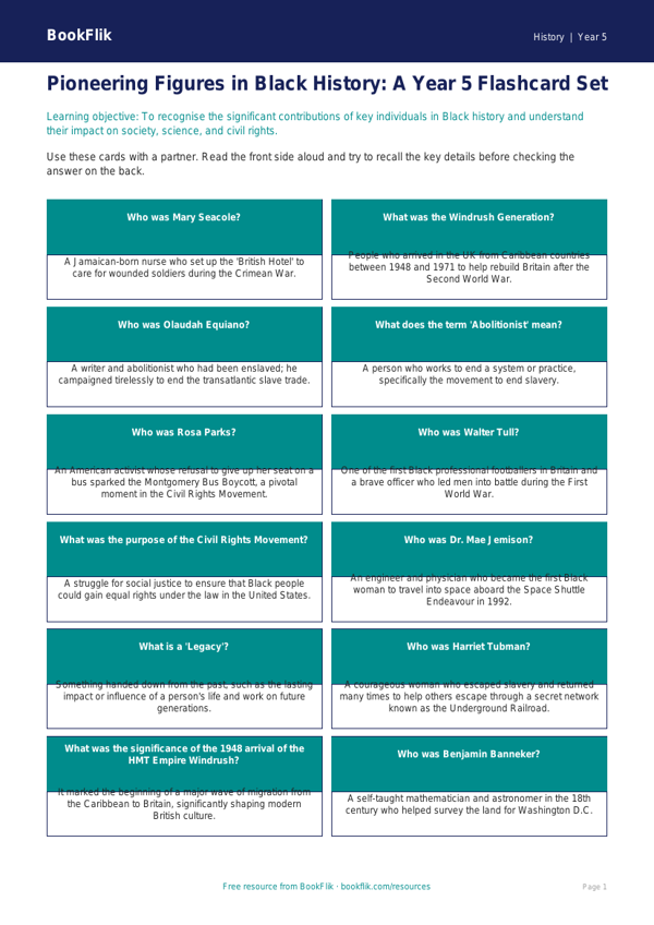 Free Black History Flashcards | Year 5 Greater Depth | BookFlik worksheet preview — History Black History