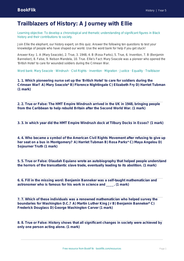 Free Black History Quiz | Year 5 Greater Depth | BookFlik worksheet preview — History Black History
