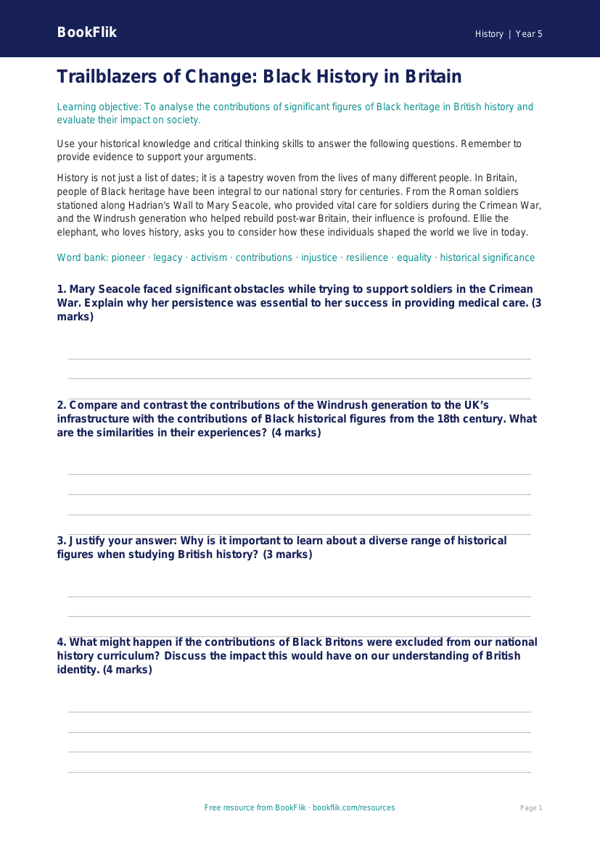Free Black History Worksheet | Year 5 Greater Depth | BookFlik worksheet preview — History Black History