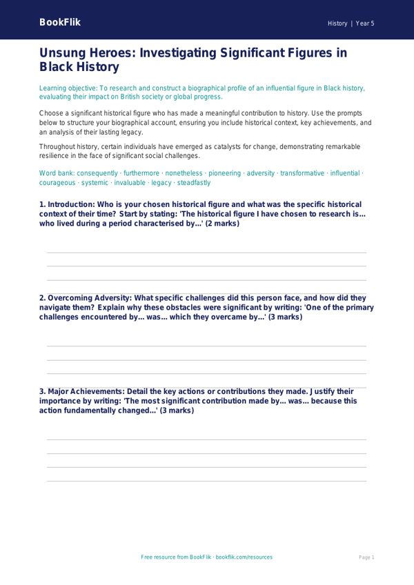Free Black History Writing Frame | Year 5 Greater Depth | BookFlik worksheet preview — History Black History