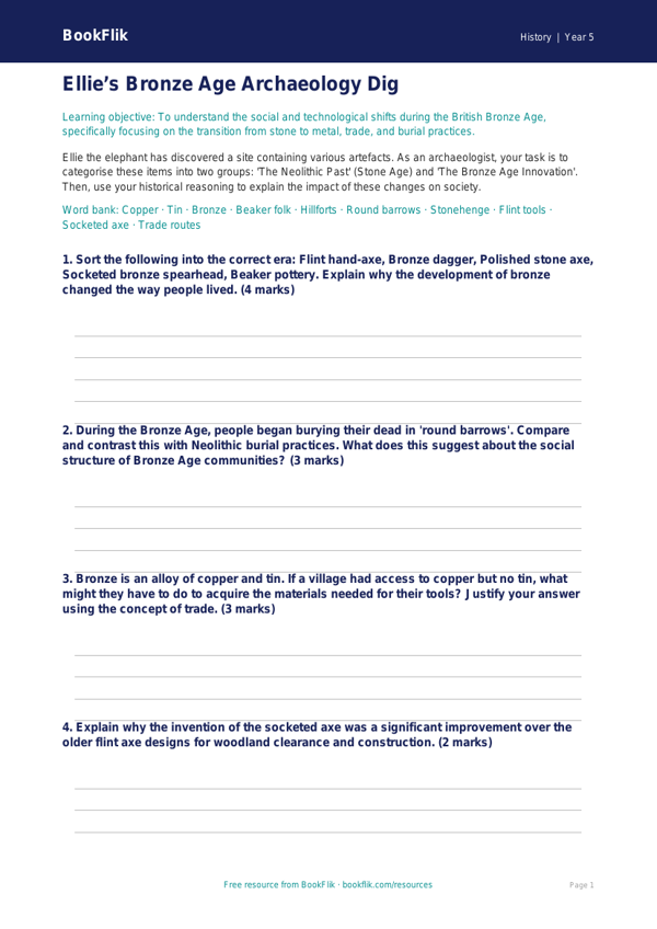 Free Bronze Age Activity Sheet | Year 5 Greater Depth | BookFlik worksheet preview — History Bronze Age