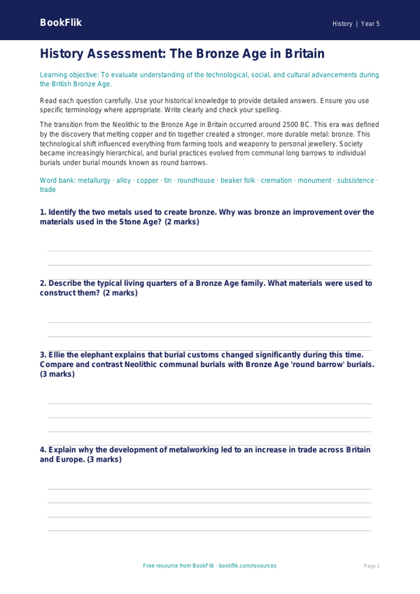 Free Bronze Age Assessment | Year 5 Greater Depth | BookFlik worksheet preview — History Bronze Age