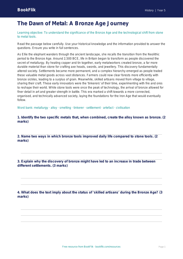Free Bronze Age Comprehension | Year 5 Greater Depth | BookFlik worksheet preview — History Bronze Age