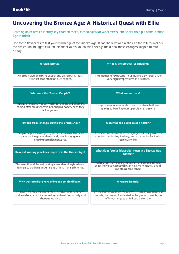 Free Bronze Age Flashcards | Year 5 Greater Depth | BookFlik worksheet preview — History Bronze Age