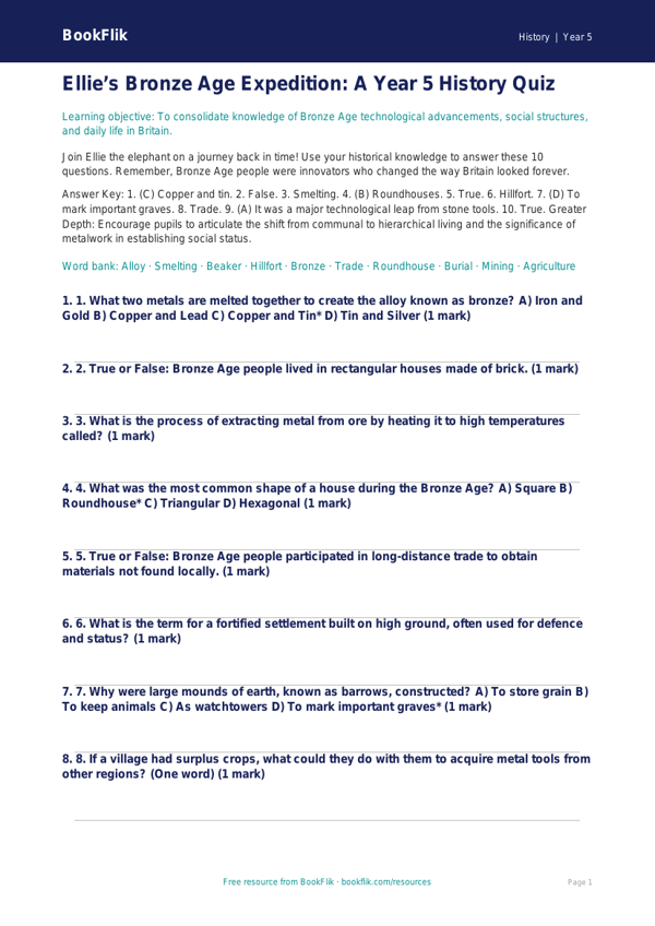 Free Bronze Age Quiz | Year 5 Greater Depth | BookFlik worksheet preview — History Bronze Age